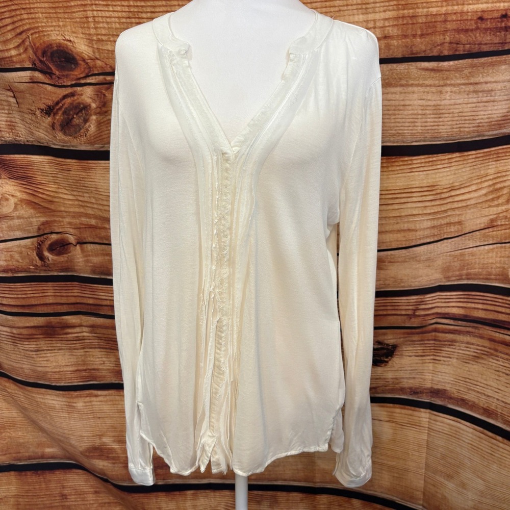 Nine West Womens White V Neck Long Sleeve Front Pleated Detail Blouse Size L